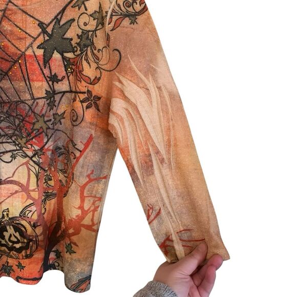 Halloween 3/4 Sleeve Tshirt Top Womens Size M Spiderweb Sparkle Orange Pumpkins - Picture 3 of 7